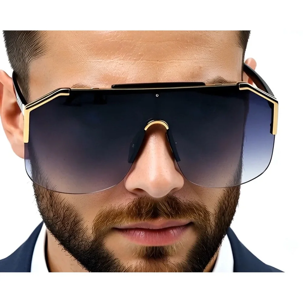 Mens Shield Sunglasses Gold Trim Oversized Rimless Gradient Lens Hip Hop Cholo‎